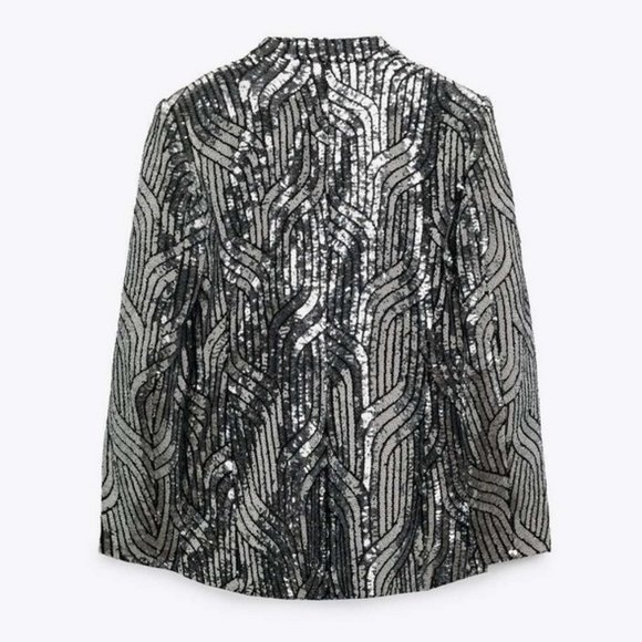 NWT ZARA SILVER LAPELLESS SEQUIN BLAZER JACKET COAT SIZE L M 9355/657 Evening - Picture 7 of 9